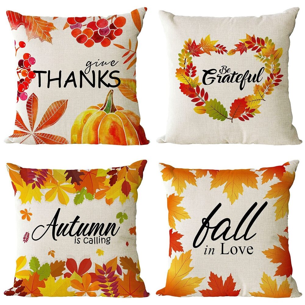 4979 Fall Decor Pillow Covers 14x14 Set of 4 Pumpkin Maple Leaf Outdoor